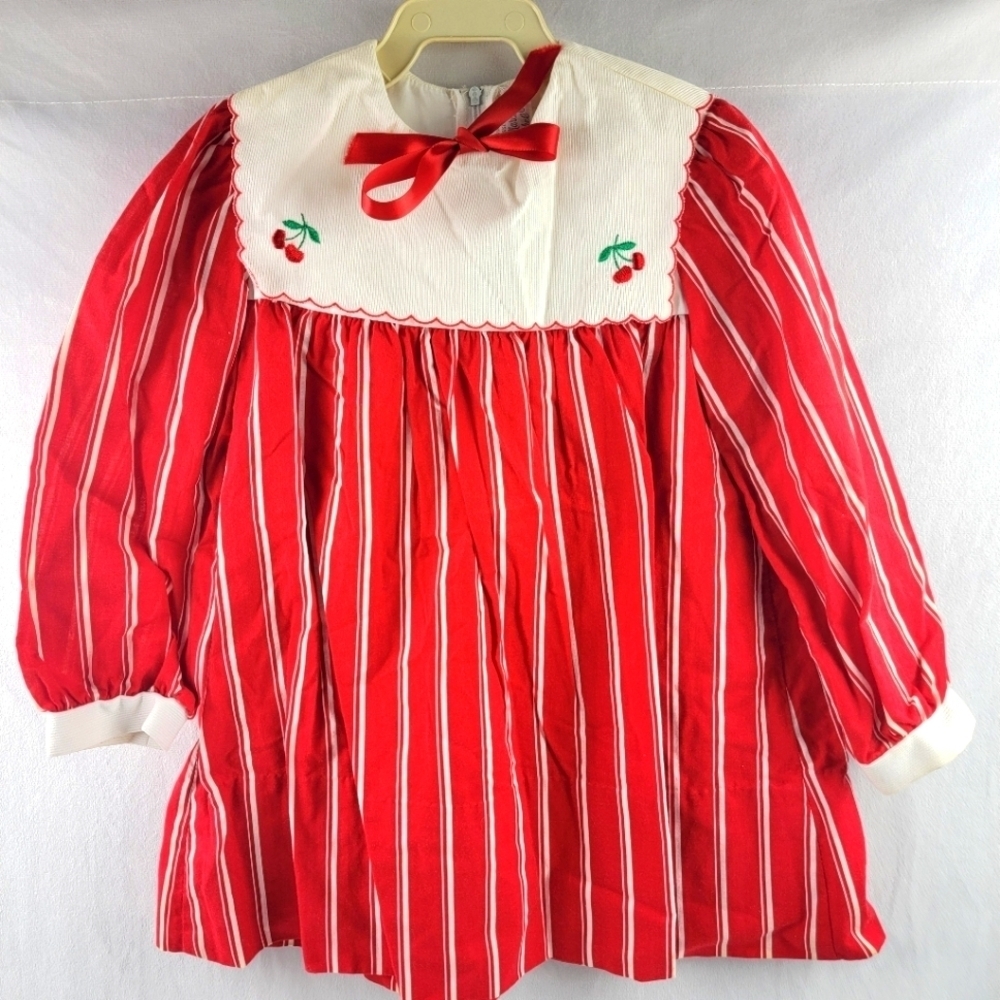 Vintage Neiman Marcus by Fischel red and white stripe cherry dress Size 5